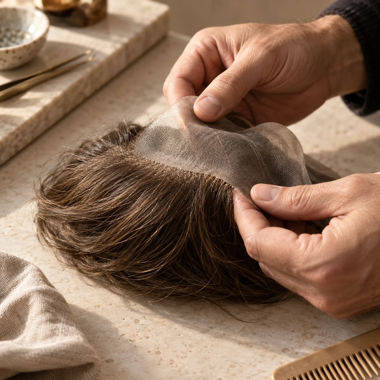 hands inspecting a hair-system base