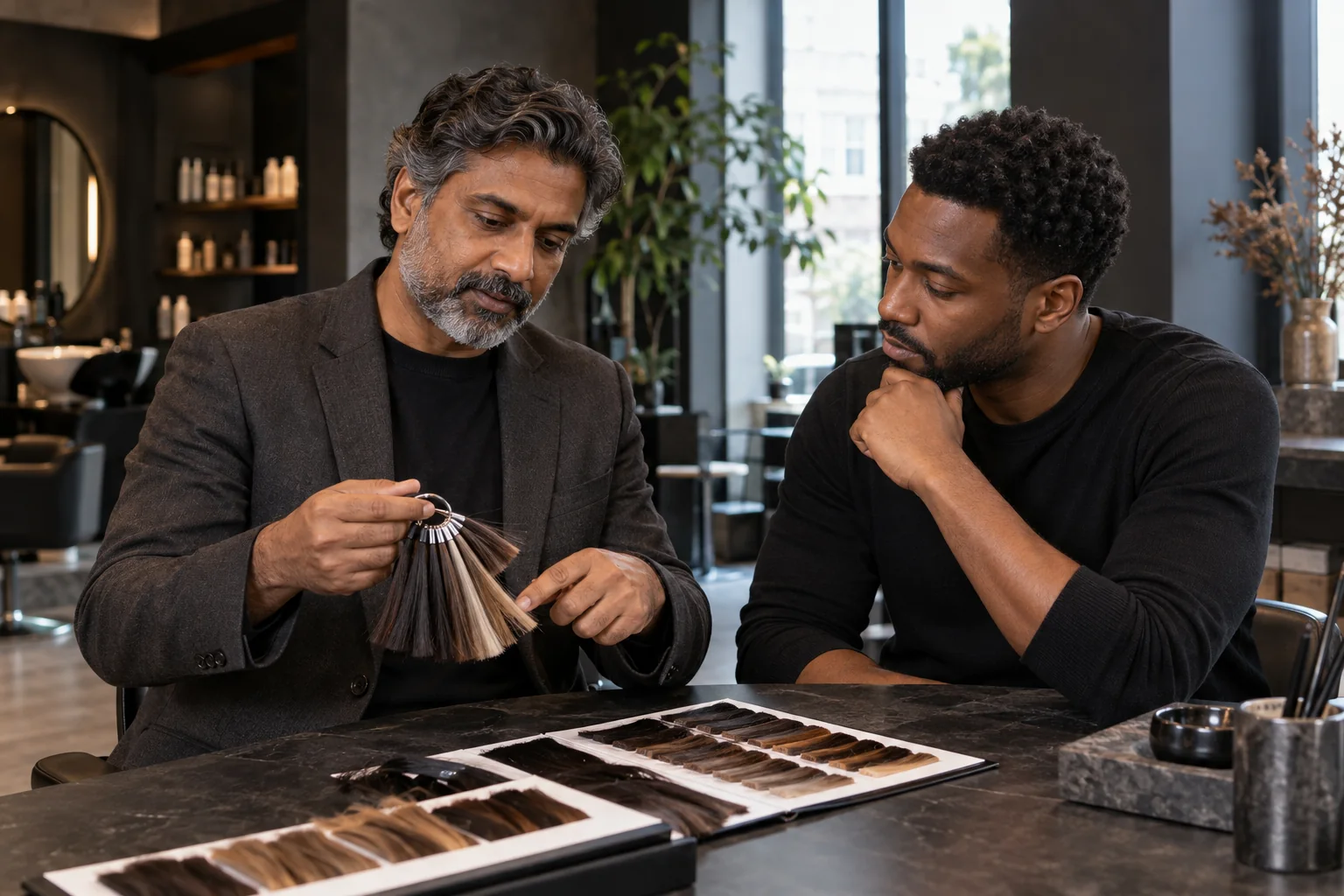 Two salon professionals discussing hair-colour swatches at a table