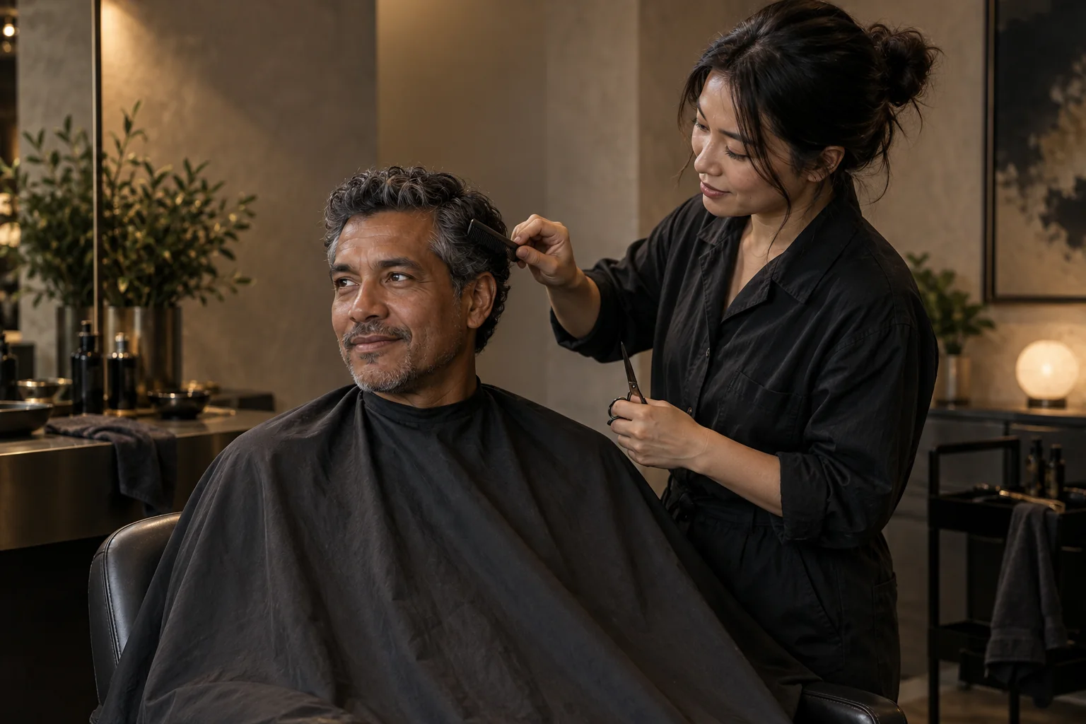 stylist carefully combing a mature model’s salt-and-pepper hair in a studio setting