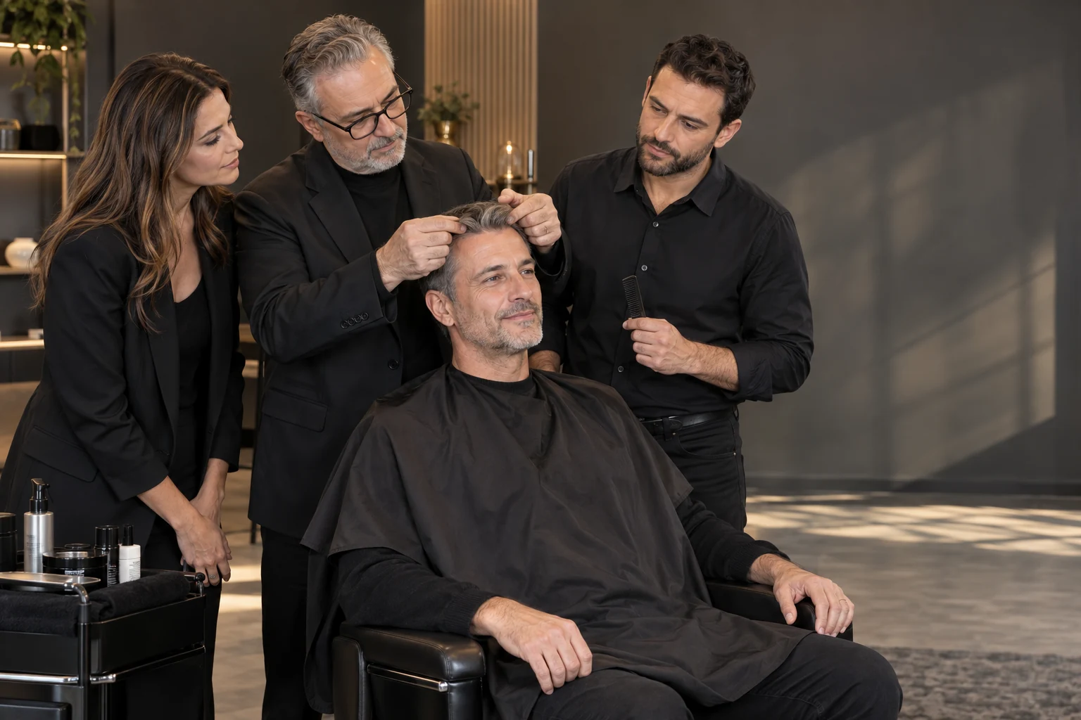A male instructor demonstrates hair-system positioning on a seated man while a woman and a man observe in a training setting.