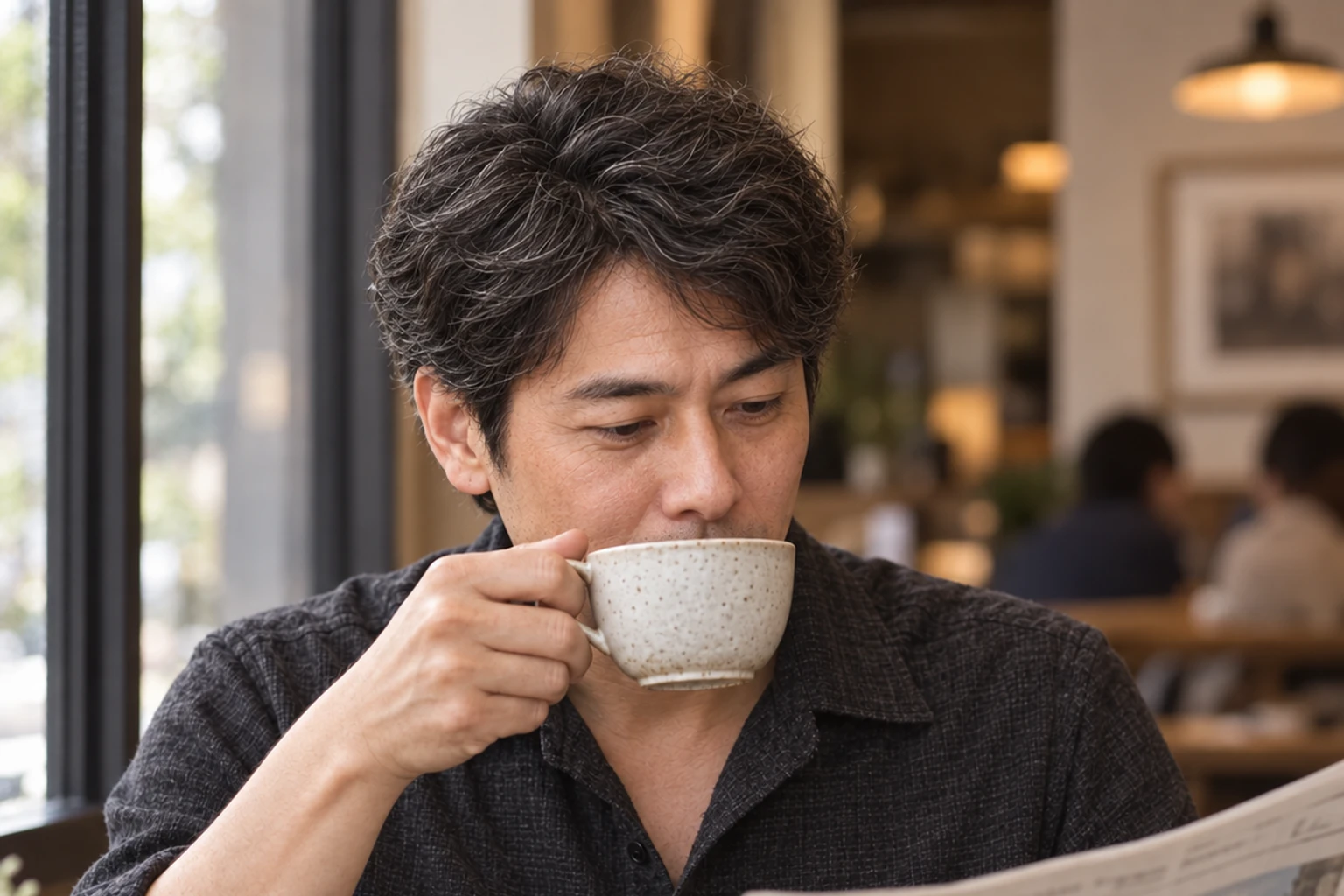 A man reading a newspaper over coffee.