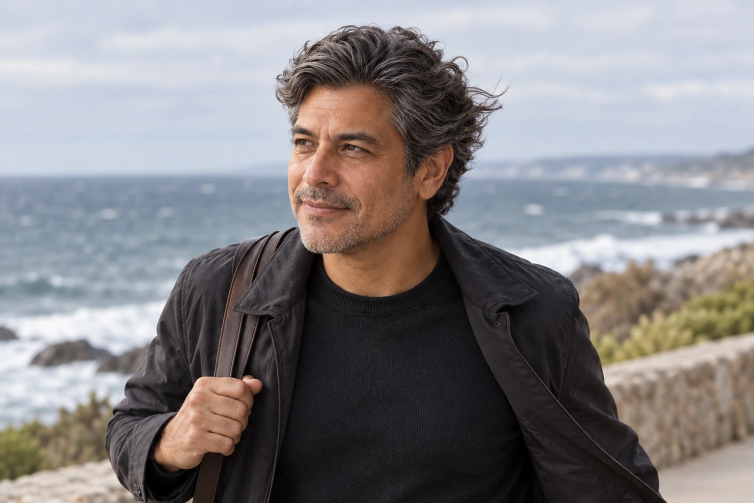 A man walking along a windy coastal path.