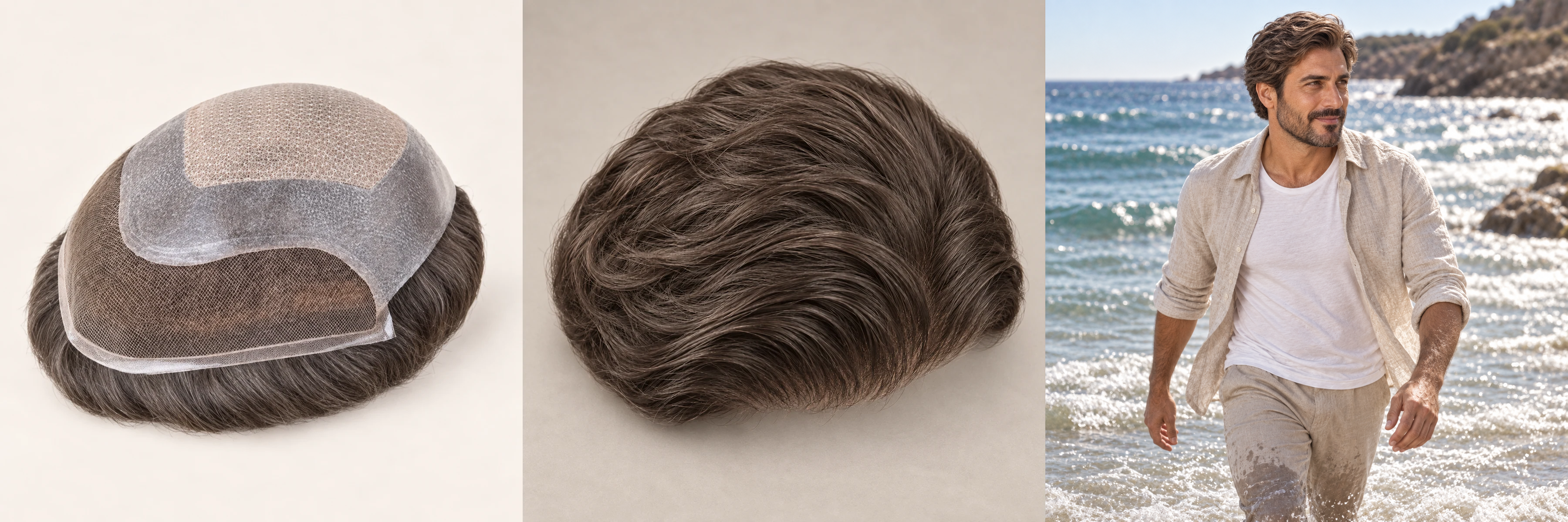 Prohair Signature: base construction, styled top and a man walking through shallow seawater.