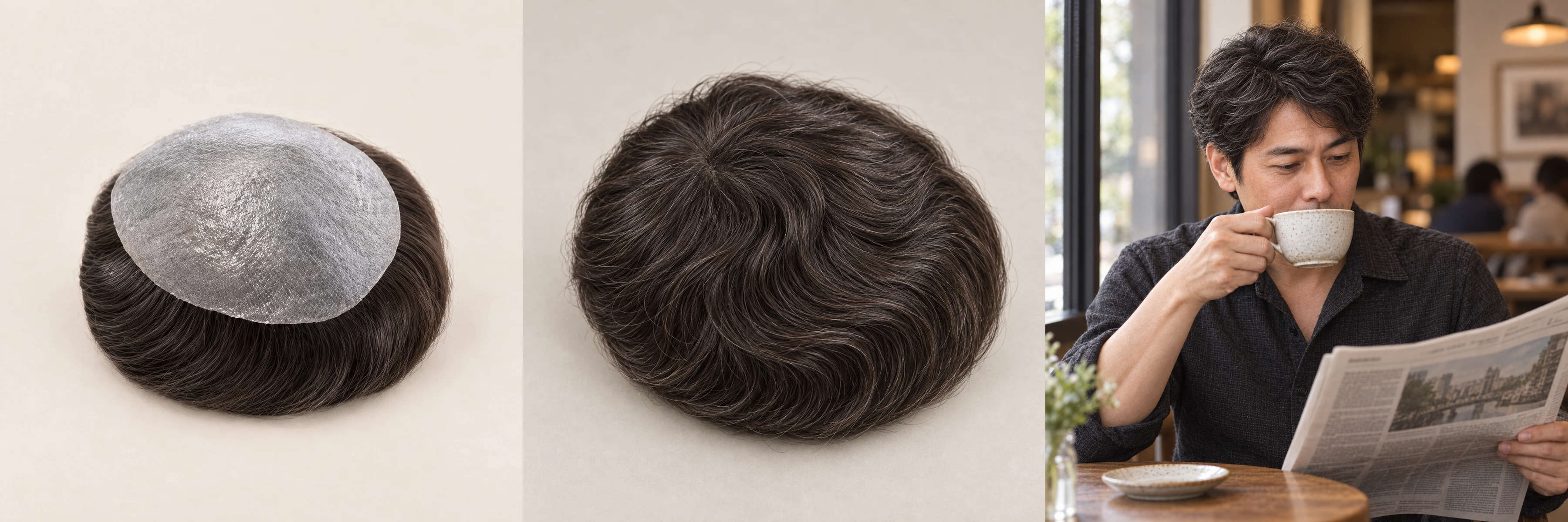 Prohair Crown: base construction, styled top and a man reading a newspaper over coffee.