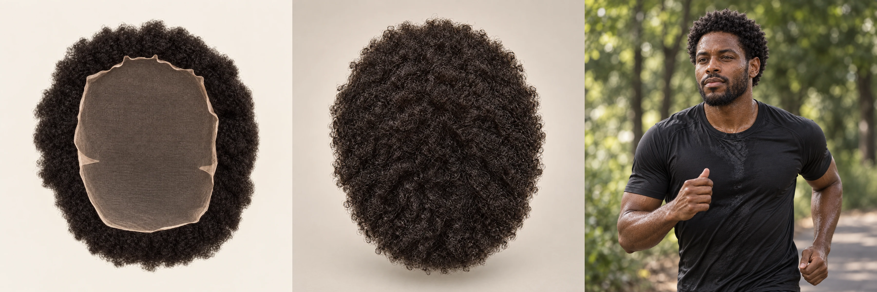 Prohair Coil: base construction, styled top and a man running outdoors.