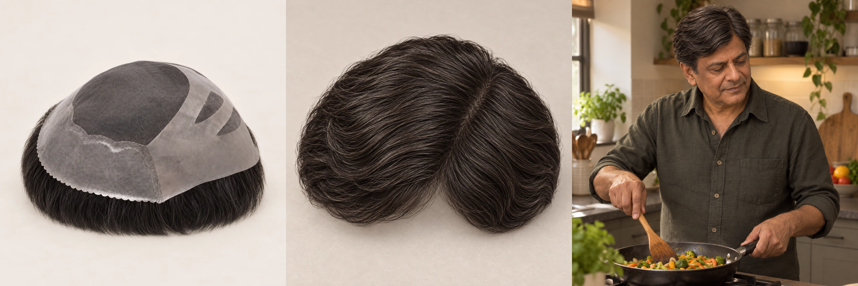 Prohair Sculpt Contour: base construction, styled top and a man cooking at home.