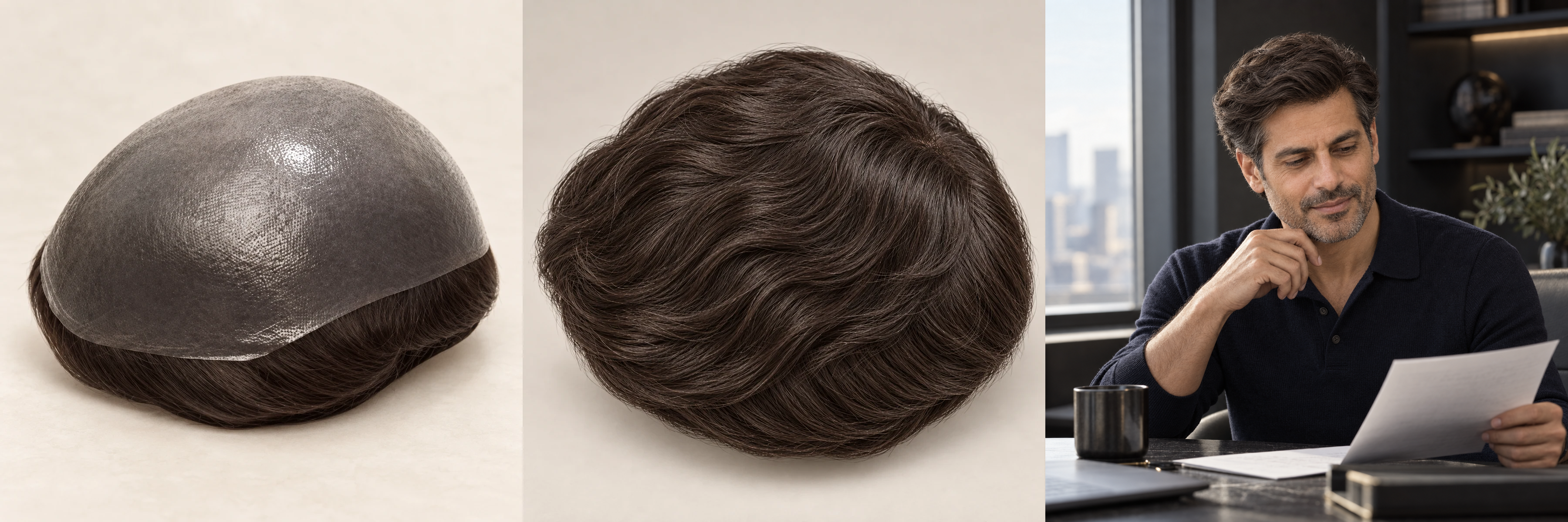 Prohair Refine: base construction and styled top, followed by a man during office work.